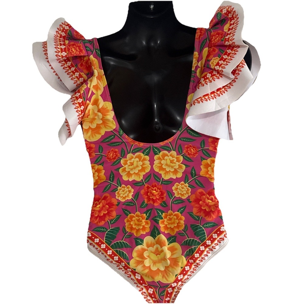 Flawmaker Ruffled Floral Vibrant Colors One Piece Swimsuit No Size See Measure - Picture 4 of 12